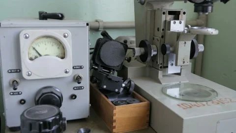 Old microscope and research equipment in the lab Stock Footage 91575693