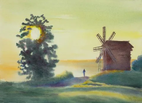 Old mill at sunset Stock Illustration