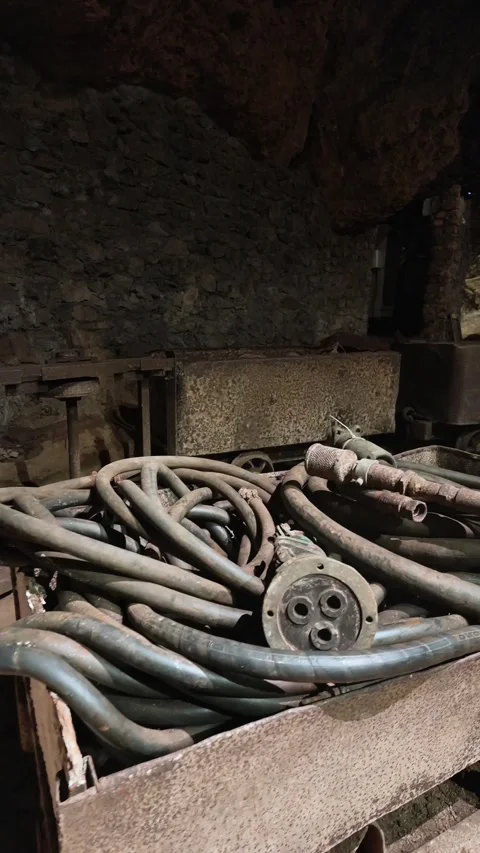 Old Mine Cart Filled with Coiled Industrial Hoses, Slow Pan. vertical video Stock Footage 345644400