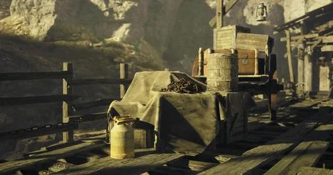 Old mining equipment and tools on weathered wooden dock in deserted canyon Stock Illustration
