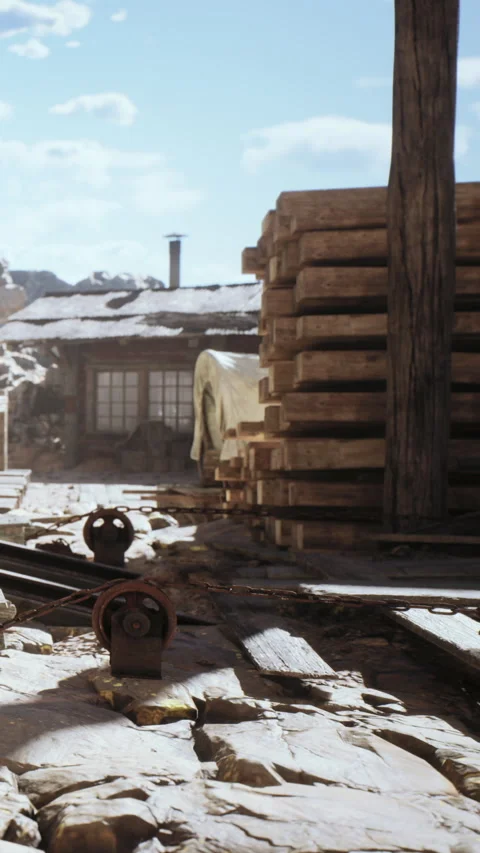 Old mining site with wooden structures and equipment near mountains Stock Footage 339773517