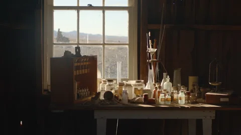 Old mining tools and measuring devices in assay office - Shallow DOF Stock Footage 144649124