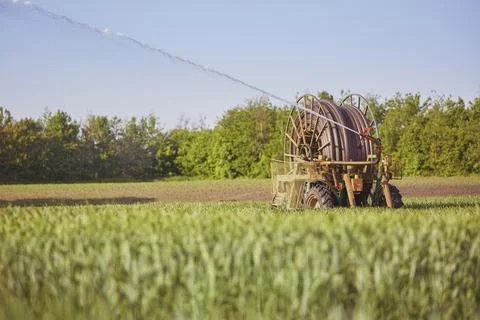 Old mobile machine for irrigation of fields in Denmark Stock Photos