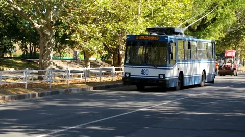 Old model of trolleybus, trackless trolley driving the street of Kherson Ukraine 스톡 동영상 202144115