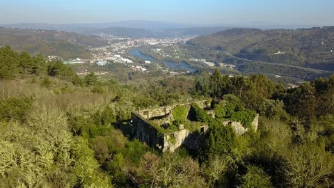 OLD MONASTERY SANTA COMBA DE NAVES AND OURENSE CITY BEHIND Stock Footage 104804145