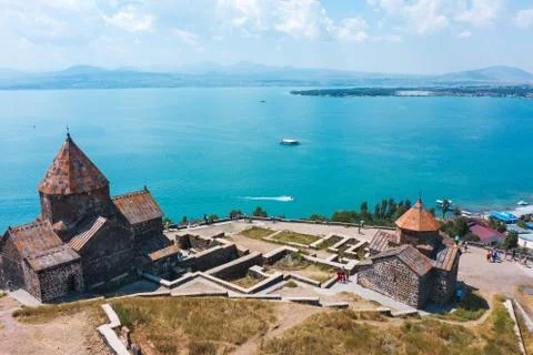 Old monastery on shore of lake Sevan Stock Photos