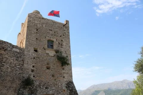 Old Monastery tower with flag on top in Majorca, Spain Foto stock