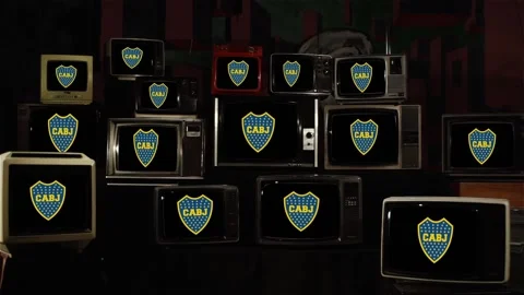 Old Monitors Stack With Blue And Gold Argentine Football Emblem   Stock Footage 117157798