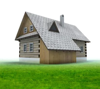 Old mountain cabin with grass on white background illustration Ilustración de archivo