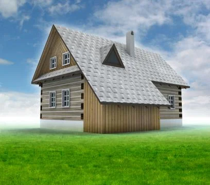 Old mountain cabin with green grass and blue sky illustration Ilustración de archivo