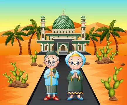 Old Muslim couple in front of the mosque on desert background Stock Illustration