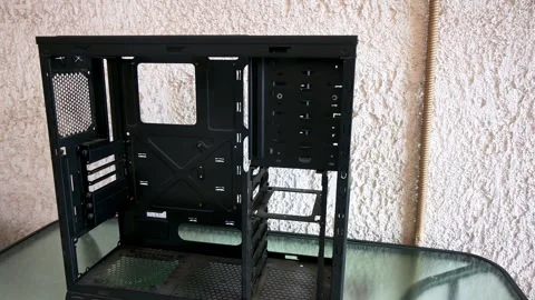Old naked computer tower placed on a glass table outdoor. Stock Footage 329410370