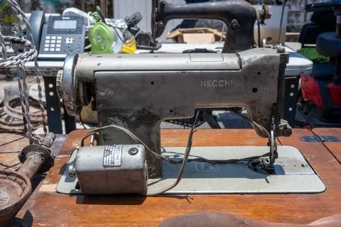 Old Necchi Sewing Machine at a Flea Market in Guadalajara. Vintage Craft Tool. Stock Photos