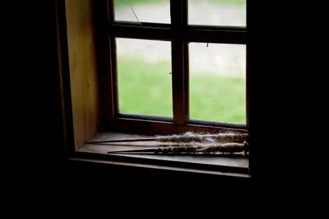 Old needles for yarn inside of a heritage tool shed Stock Photos