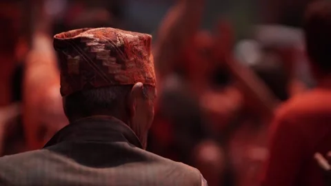 Old Nepali man dancing in the colorful Sindoor Jatra Festival of Nepal Stock Footage 285292530