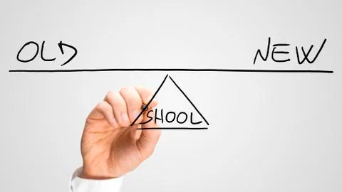 Old - New - School text on virtual seesaw Stock Photos