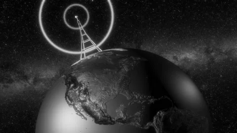 Old newsreel style intro with rotating globe and radio waves close up Stock Footage