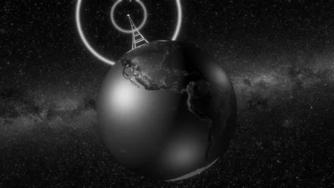 Old newsreel style intro with rotating globe and radio waves wide shot Stock Footage