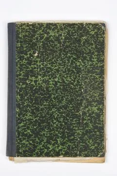Old notebook with green marbled cover on white background Stock Photos