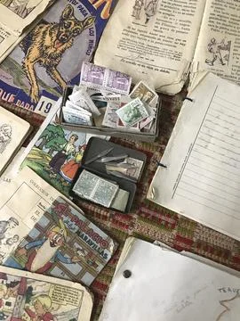 Old objects displayed on the table Stock Photos