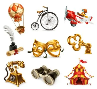 Old objects. Vintage icon set, 3d vector Stock Illustration