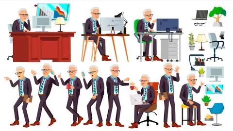 Old Office Worker . Face Emotions, Various Gestures. Business Man. Professional Stock Illustration
