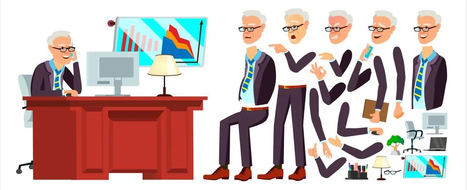 Old Office Worker Vector. Face Emotions, Various Gestures. Animation Stock Illustration