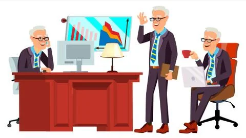 Old Office Worker Vector. Face Emotions, Various Gestures. Businessman Worker Stock Illustration