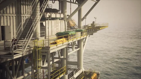 Old oil platform in ocean environment at dawn, showcasing industrial equipment Stock Footage 327194108
