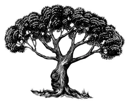 Old olive tree drawing. Black and white hand drawn engraving as a symbol of Stock Illustration
