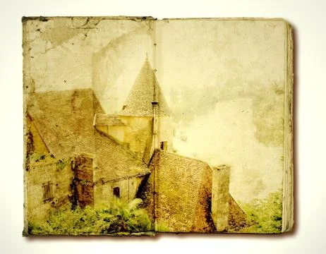 Old open book with rural illustration Stock Illustration