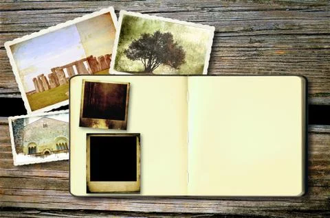 Old open diary book on weathered wood with vintage postcard Stock Illustration
