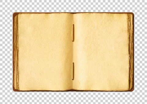 Old open medieval book with worn parchment pages. Isolated on transparent b.. Illustrazione stock