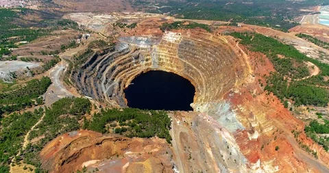Old open pit mine in Rio Tinto in Spain in aerial view, rock or ore mining Stock Footage 117031087