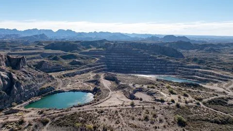 Old open pit uranium mine. Aerial view. Stock Photos