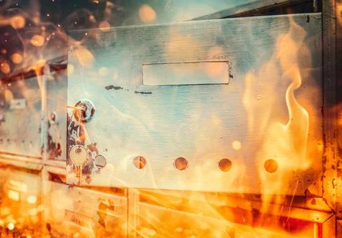 Old open silver mailbox on the wall. Fire effect. Stock Photos