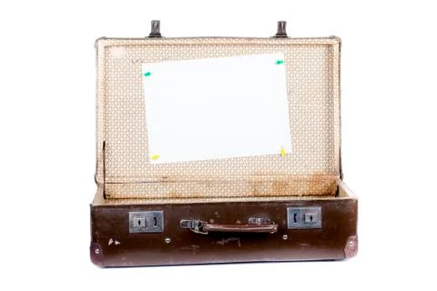 Old open suitcase isolated on white background Stock Photos