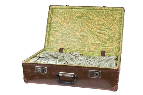 Old opened brown suitcase full of hundred dollar banknotes isolated on white Stock Photos