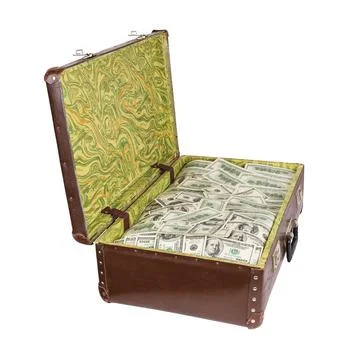 Old opened brown suitcase full of hundred dollar banknotes isolated on white Stock Photos