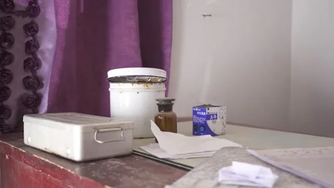 Old operating table, old surgical tool table, old medical equipment, Stock Footage 241977078