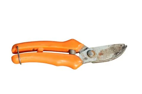 Old orange rusty garden shears isolated over white background Stock Photos