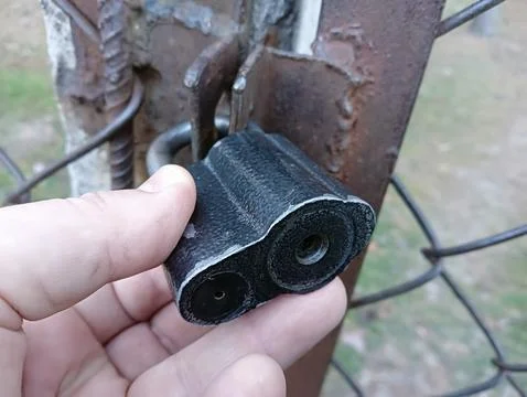 Old padlock. lock in hand. The process of opening an old lock. old padlock... Stockfoto's