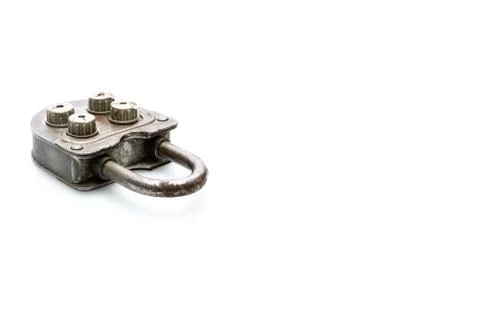 Old padlock with secured by code, isolated on white background with shadows Foto stock