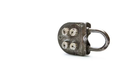 Old padlock with secured by code, isolated on white background with shadows Fotos Stock