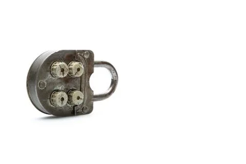 Old padlock with secured by code, isolated on white background with shadows Stock Photos