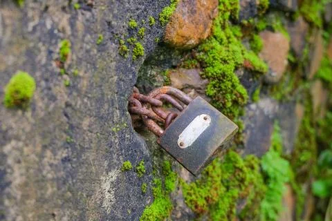 The old padlock on the wall is moldy Stock Photos