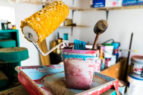 Old paint buckets Stock Photos