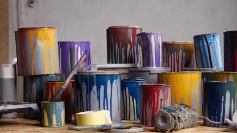 Old Paint Cans Waste. Cans of colored paint. Oil-based enamel, lacquer, shellac Stock Footage 253451203