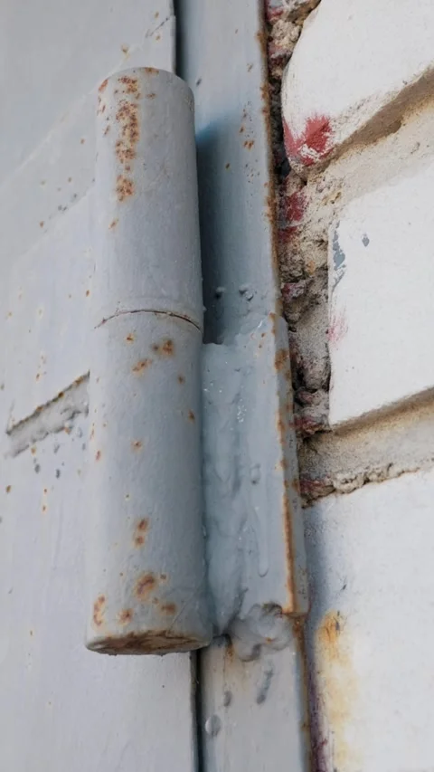Old Painted Metal Door Hinge Welded To Grey Frame Beside White Brick Wall Stock Footage 330741278