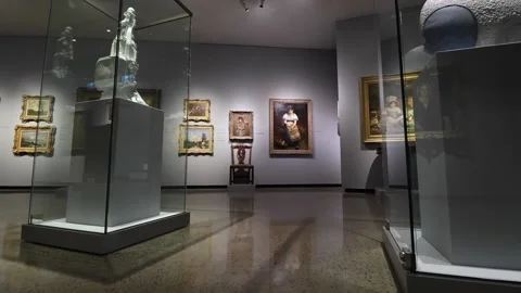 Old paintings in empty Art Gallery - Smooth backing up shot Stock Footage 169867418